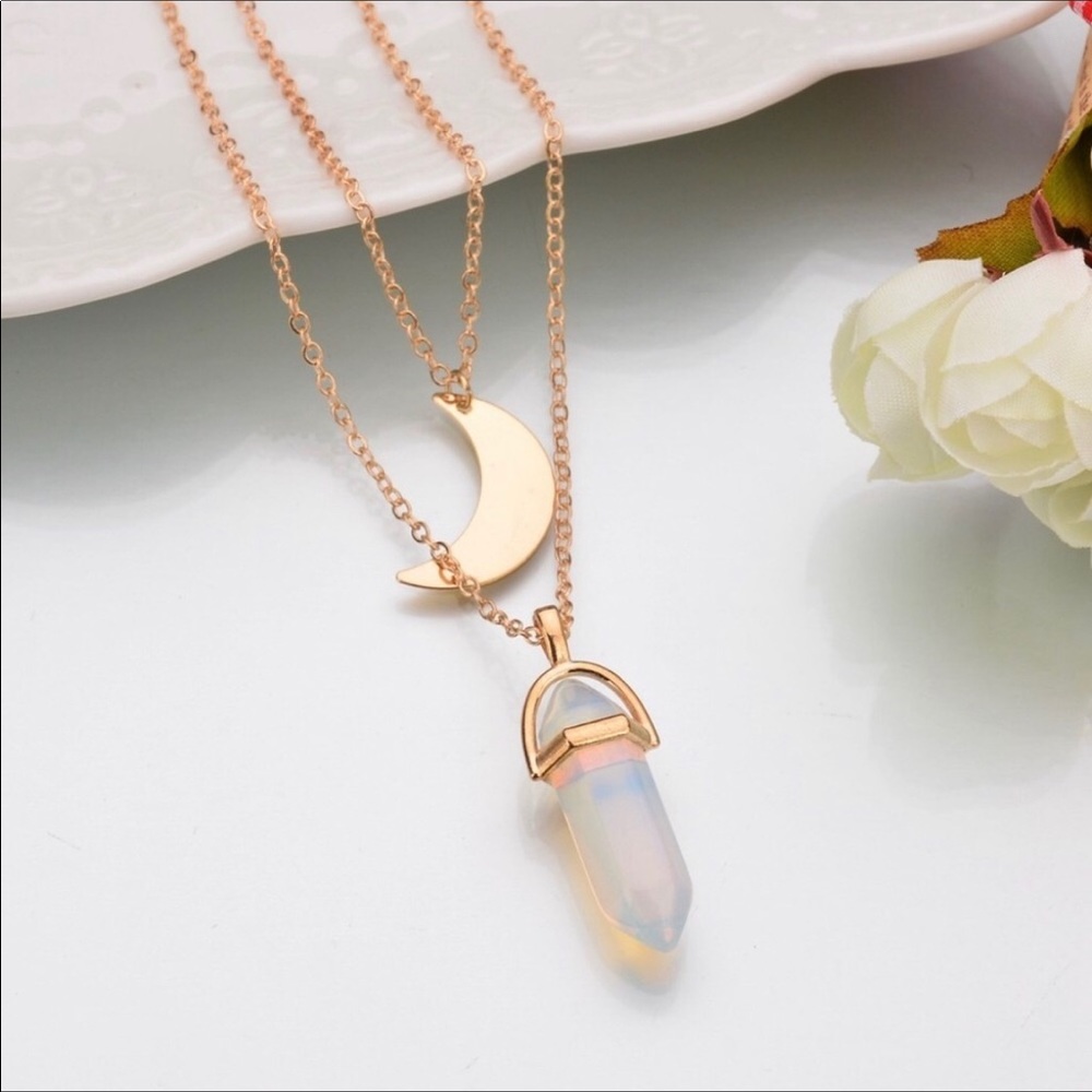 Opal Crystal Point & Moon Necklace